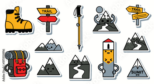 Cute Hiking Adventure Stickers: Mountains, Backpack, Boots, Signs, Trekking Pole