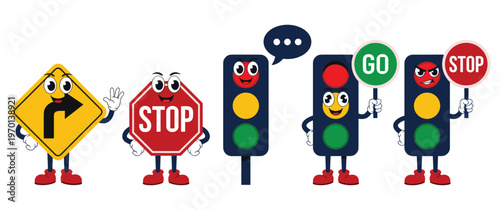 Traffic signals and signs with faces, conveying stop and go.