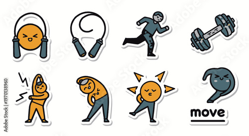 Fitness and Activity Icons: Jumping Rope, Running, Dumbbell, Stretching, Sun Character