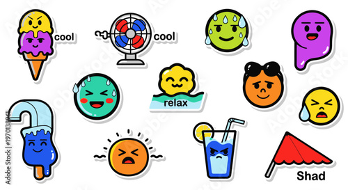 Summer Heat and Cool Down Stickers: Ice Cream, Fan, Sun, Water, Emotions