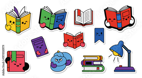 Kawaii Books and Lamp Stickers, Cute Reading Objects Collection
