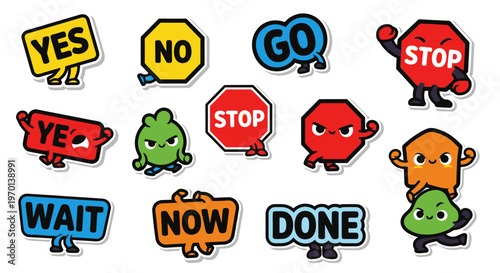 Fun Cartoon Stickers: Yes, No, Go, Stop, Wait, Now, Done, Ye