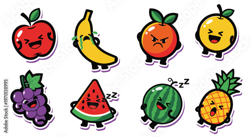Cute Kawaii Fruit Characters with Funny Emotions