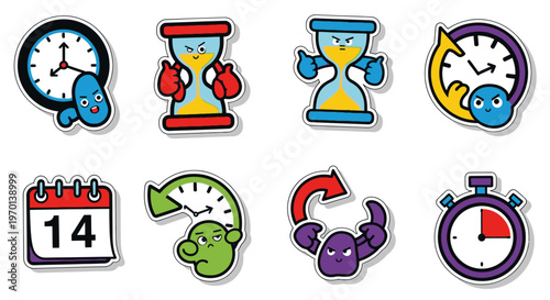 Cute Time Management Icons: Clocks, Calendar, Stopwatch, Hourglass - Sticker Set