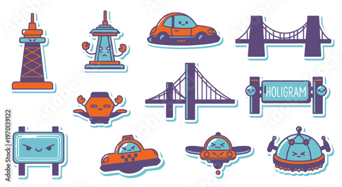 Cute Cartoon City Icons: Bridges, Car, Taxi, Tower, UFO, Billboard, Hologram