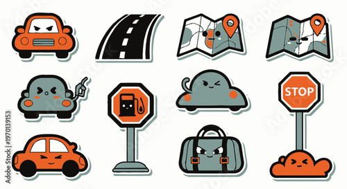 Funny Cartoon Car Stickers: Travel, Road Trip, and Gas Station Icons