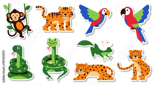 Cute Jungle Animals Sticker Set: Monkey, Tiger, Parrot, Snake, Frog, Leopard