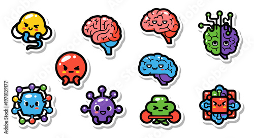 Cute Cartoon Brains, Viruses and Robot Icons Set