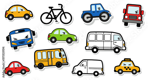 Cute Cartoon Vehicles Sticker Set - Cars, Bus, Bicycle, Taxi