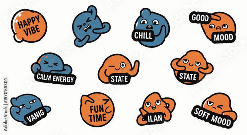 Cute cartoon emotion stickers with text phrases