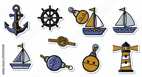 Nautical Icon Set: Anchor, Ship Wheel, Buoys, Sailboat, Rope Knot, Lighthouse
