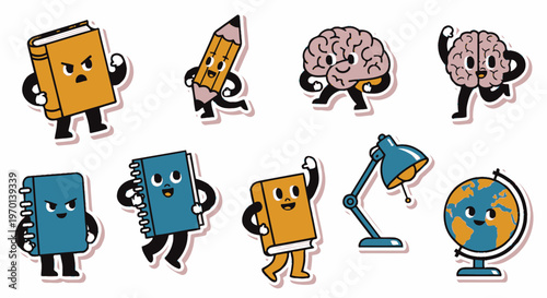 Cute cartoon school supplies and brain characters with emotions, vector stickers