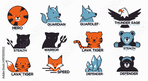 Collection of stylized animal emblems with heroic names