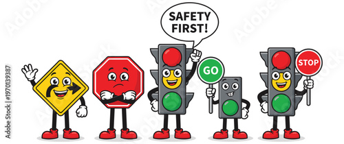 Traffic signals and signs with faces, safety first message.