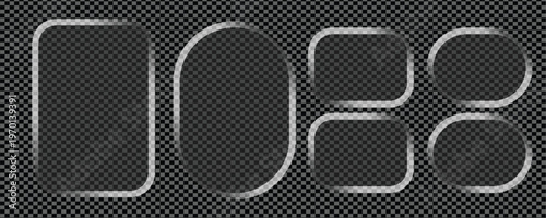 Set of glassmorphism frames, frosted glass plates, transparent. Glass rounded square button set on transparent background. Glow sign up with effect design and glass liquid elements. Gradient line aest