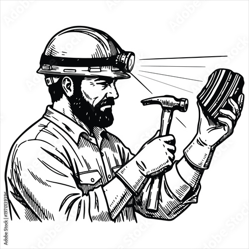 Illustration of a miner examining a mineral specimen with a headlamp and rock hammer.
