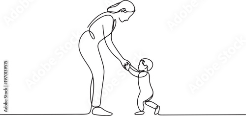 mother mom teaching child to walk and playing. One line art of love parenting family concept vector illustration. One line draw graphic design vector