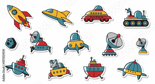 Space exploration icons: rockets, UFOs, rover, satellite dishes, asteroid, sticker set