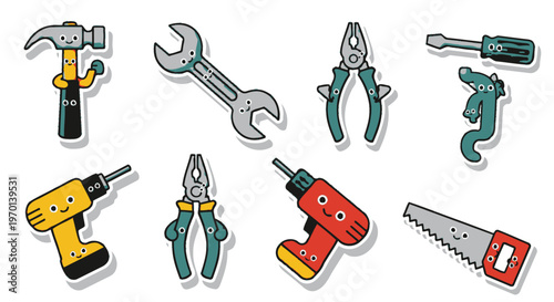 Cute Cartoon Tools Collection: Hammer, Drill, Saw, Pliers, Wrench, Screwdriver