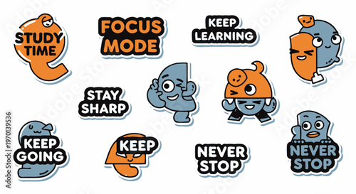 Cute Cartoon Stickers with Motivational Phrases for Study and Work