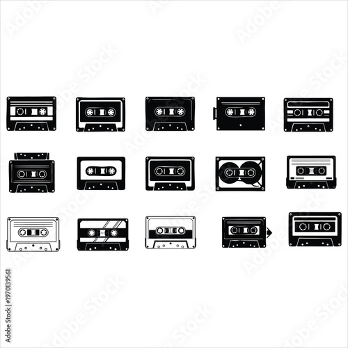 Diverse set of vintage cassette tapes. Stylized audio icons including different reel types and casing designs