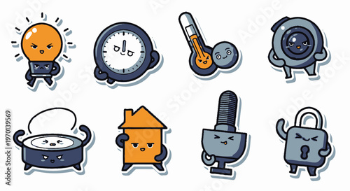 Cute Kawaii Cartoon Icons: Lightbulb, Clock, Thermometer, Camera, Pot, House, Bolt, Lock