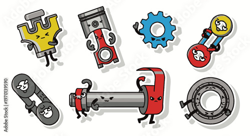 Funny Cartoon Mechanic Parts Characters with Faces - Vector Illustration