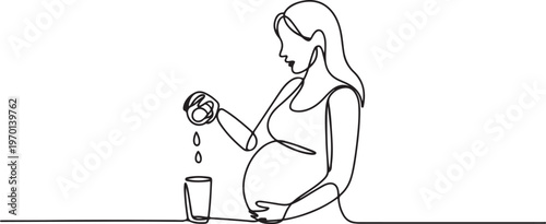 One continuous single drawing line art flat doodle healthy eating, pregnant, woman, adult, fruit, squeezing, drink. Isolated. One line draw graphic design vector