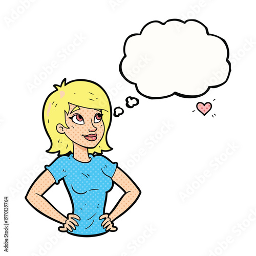 Cartoon illustration of a blonde woman daydreaming with an empty thought bubble and a heart