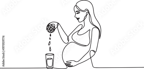One continuous single drawing line art flat doodle healthy eating, pregnant, woman, adult, fruit, squeezing, drink. Isolated. One line draw graphic design vector
