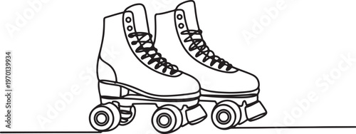 One single line drawing of pair of old retro plastic quad roller skate shoes. Trendy vintage classic sport concept. One line draw graphic design vector.