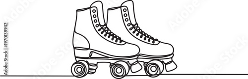 One single line drawing of pair of old retro plastic quad roller skate shoes. Trendy vintage classic sport concept. One line draw graphic design vector.