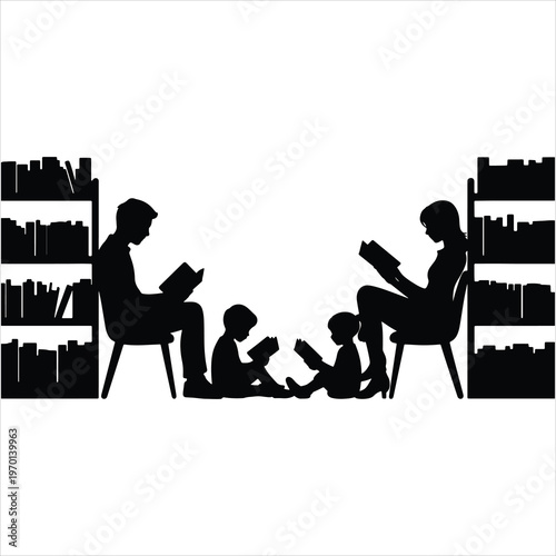 Parents and children sitting with books between full bookshelves Vector illustration of a family literacy scene.