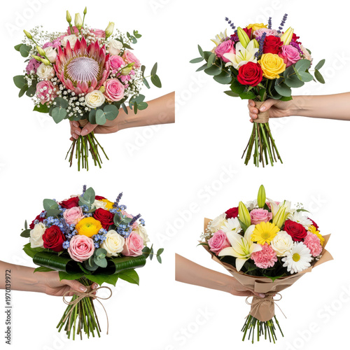 Four bouquets of flowers held by hands on transparent background