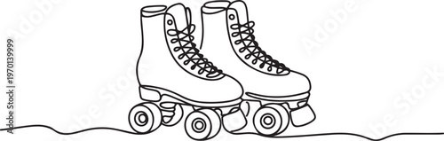 One single line drawing of pair of old retro plastic quad roller skate shoes. Trendy vintage classic sport concept. One line draw graphic design vector.