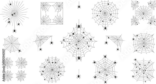 Set of detailed spider web silhouettes with hanging spiders, cobweb corners collection, Halloween spooky decoration elements isolated on white background