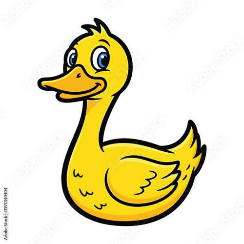 Cheerful yellow cartoon duck with blue eyes and a friendly smile isolated on white background