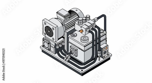 Isometric Illustration of an Industrial Hydraulic Power Unit with Electric Motor, Pump, and Reservoir Tank for Engineering and Manufacturing