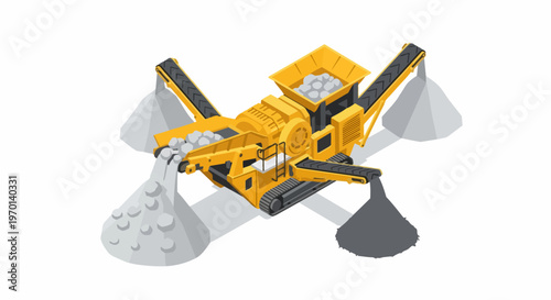 Isometric Mobile Stone Crusher and Heavy Duty Mining Machinery Illustration on White Background