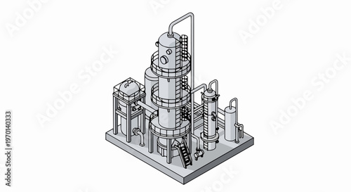 Isometric Industrial Chemical Plant and Refinery Illustration with Distillation Columns and Pipes