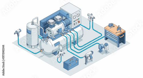 Industrial Air Compressor System with Pneumatic Tools and Workbench - Isometric Illustration of Workshop Equipment