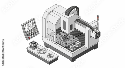 Isometric CNC Milling Machine Illustration for Industrial Manufacturing and Precision Engineering. Technical Line Art of Computer Numerical Control Equipment.