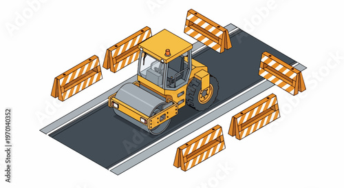 Isometric Yellow Road Roller Paving Asphalt with Traffic Barriers Illustration for Construction and Infrastructure Maintenance