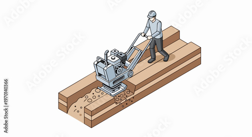 Isometric Illustration of a Construction Worker Operating a Plate Compactor in a Trench for Soil Compaction and Ground Foundation Preparation
