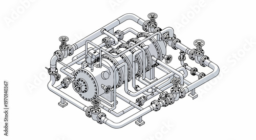 Technical Isometric Illustration of Industrial Piping System, Valves, and Machinery on White Background