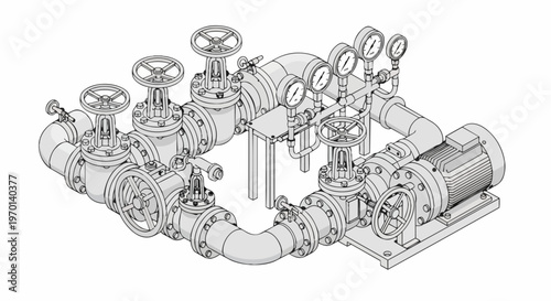 Industrial Piping System with Valves, Pressure Gauges, and Pump - Isometric 3D Technical Illustration on White Background