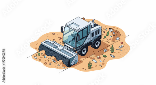 Isometric Beach Cleaning Machine Illustration for Sand Sifting and Ocean Cleanup, Industrial Vehicle Removing Plastic Pollution and Trash from Coastal Beach