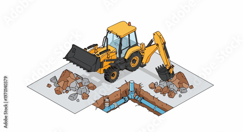 Isometric Backhoe Loader Digging Trench for Underground Water Pipe Repair Illustration