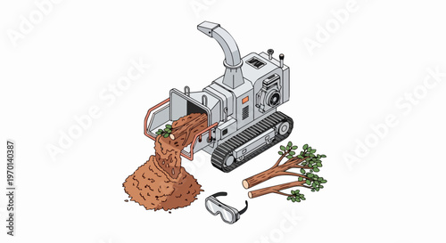 Isometric Wood Chipper Machine Processing Logs into Wood Chips for Mulch, Industrial Forestry Equipment Vector Illustration Isolated on White Background