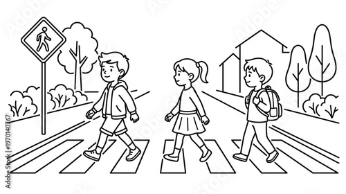Children walk on crosswalk pedestrian crossing signal safe street.